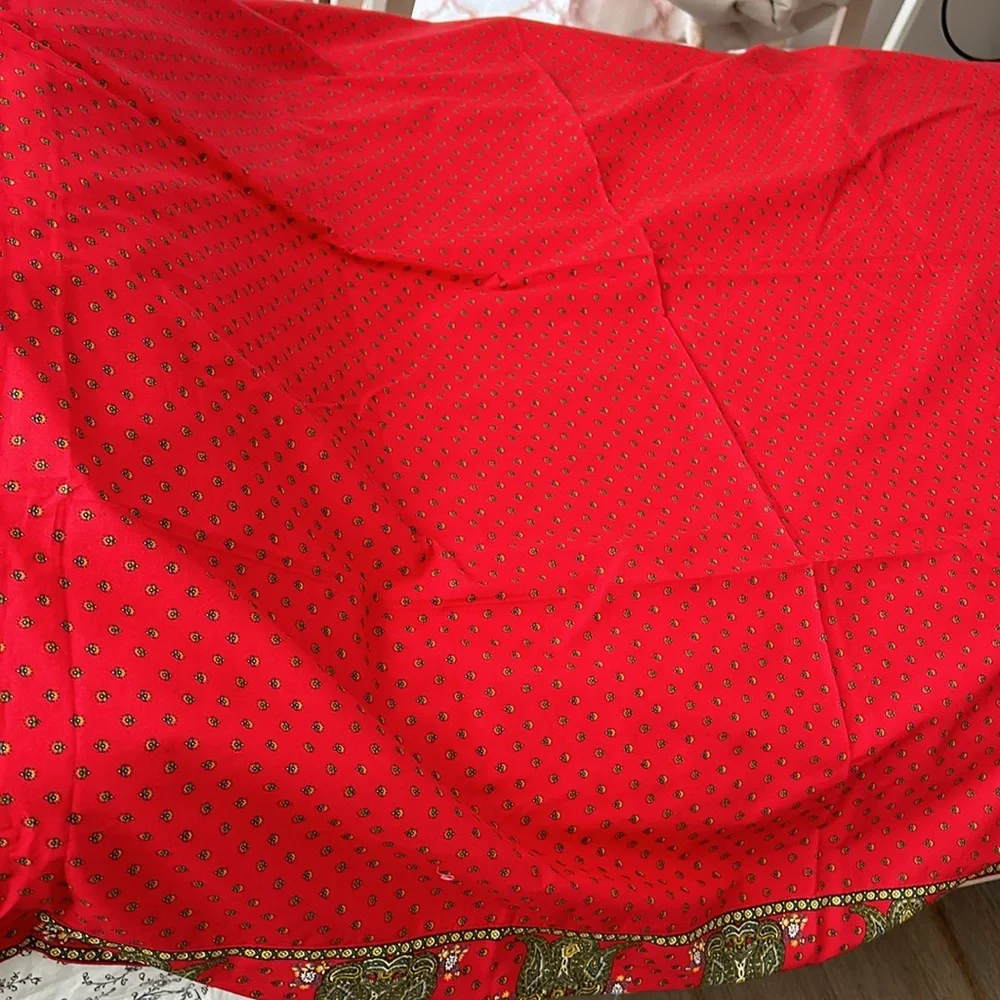 Cotton table cloth in red, green and yellow print floral design rectangular